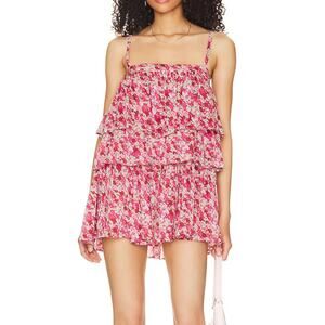 Free People Talia Tunic Top Minidress Size S Pink Floral Tiered Spaghetti Strap